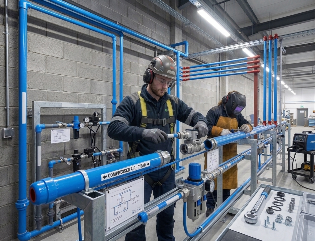Instalação de infraestrutura pneumática industrial